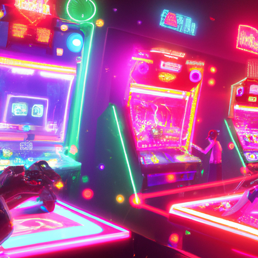 Colorful arcade scene showing players collaborating around a glowing game board