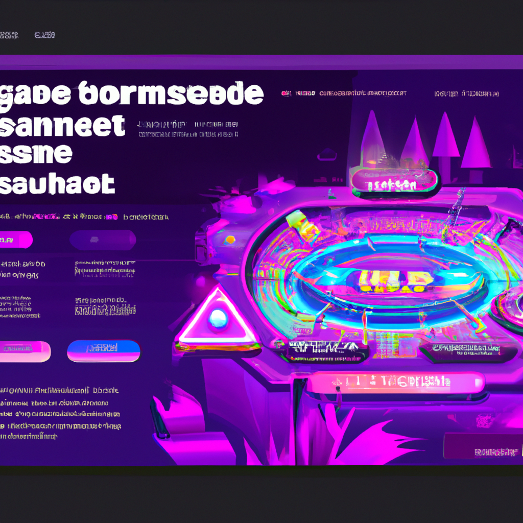 Stylized interface mock with HUD badges and neon accents